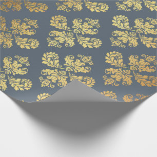 Goldkönigliches Damast-Blumenverzierungs-blaues Geschenkpapier