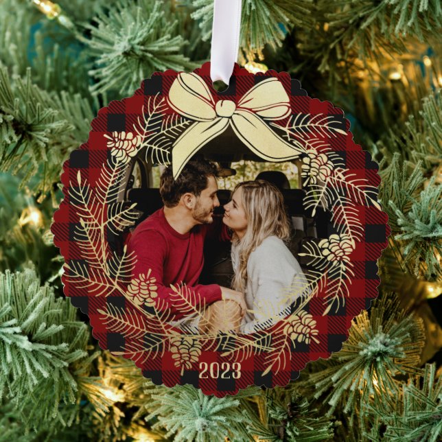 Goldkranz Buffalo Kariert mit Foto Ornament Karte (Insitu (Baum))