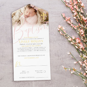 Goldkreuz Blassrosa Schriftzug Foto Taufe Folie All-in-One-Einladung