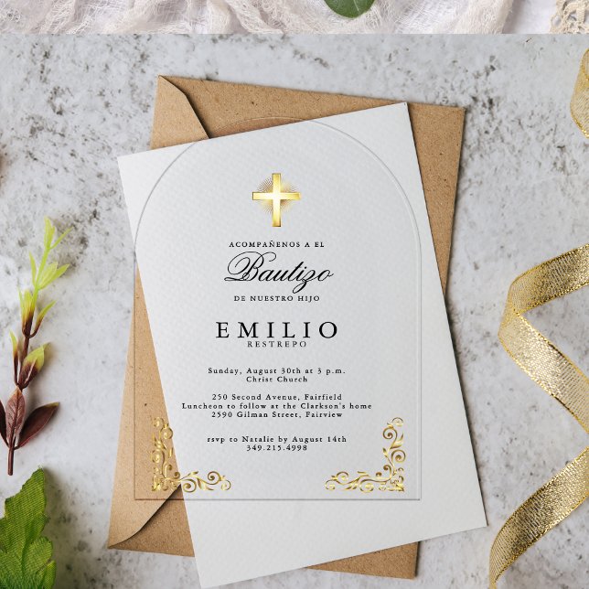 Goldkreuz De Bautizo Spanisches Geschlecht neutral Acryleinladungen (Gold Cross De Bautizo Spanish Gender Neutral White Acrylic Invitations)
