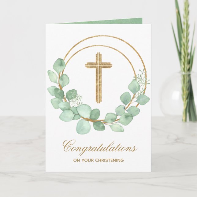 Goldkreuz Eukalyptus Christening Karte (Vorderseite)