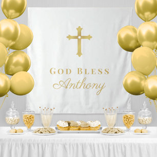 Goldkreuz Gott segne Baby Individuelle Taufe Wandteppich