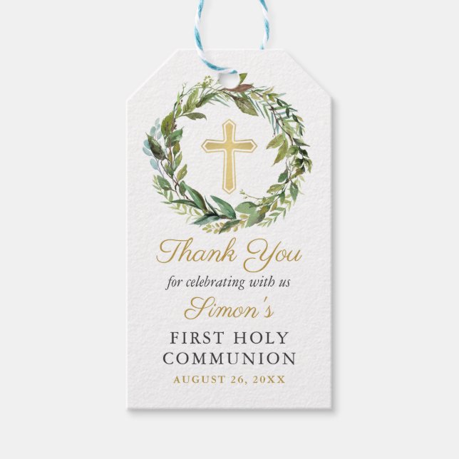 Goldkreuz Grünkranz Erste Heilige Kommune Geschenkanhänger (Vorderseite)