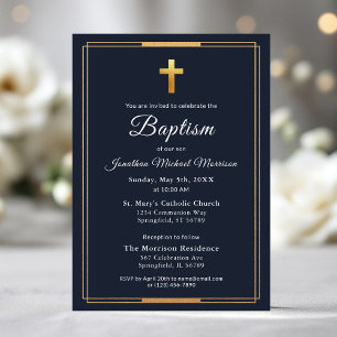Goldkreuz Moderne Skripte Navy Blue Elegant Taufe Einladung