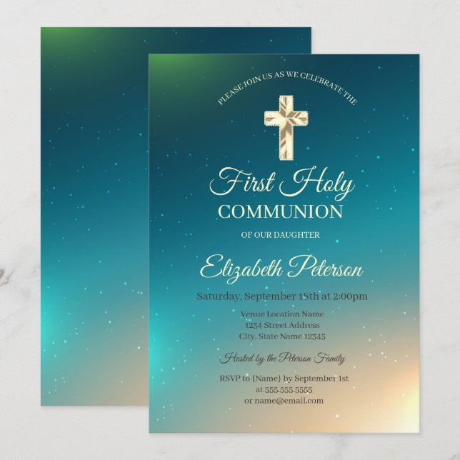 Goldkreuz Ombre Erste Heilige Kommune Einladung (Vorne/Hinten)
