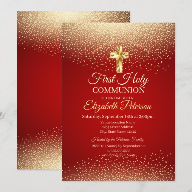 Goldkreuz Rote Punkte Erste Heilige Kommune Einladung (Vorne/Hinten)