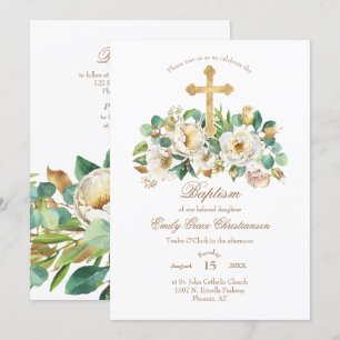 Goldkreuz und Blume Taufe Einladung