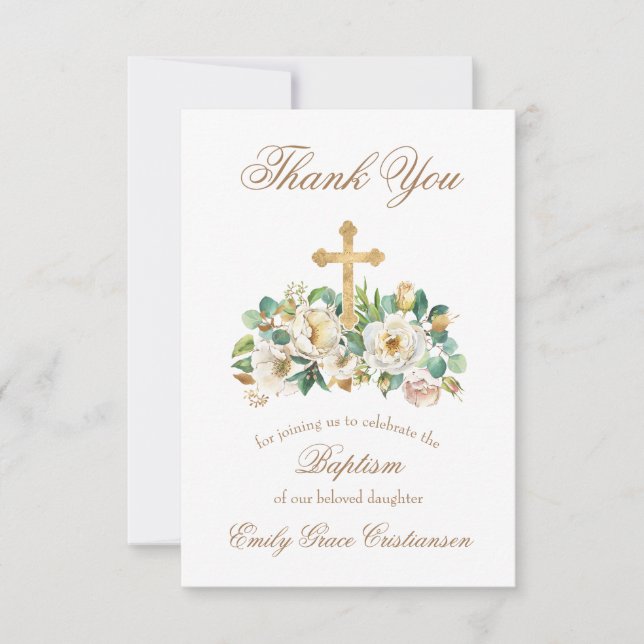 Goldkreuz und blumenweiße Taufe Dankeskarte (Vorderseite)