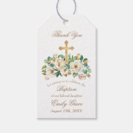 Goldkreuz und blumenweiße Taufe Geschenkanhänger