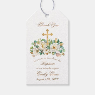 Goldkreuz und blumenweiße Taufe Geschenkanhänger