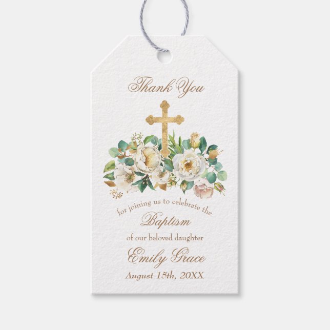 Goldkreuz und blumenweiße Taufe Geschenkanhänger (Vorderseite)