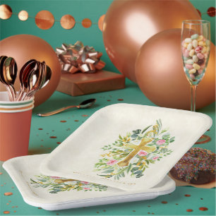 Goldkreuz und rosa Rosen - Gewohnter Ostern Pappteller