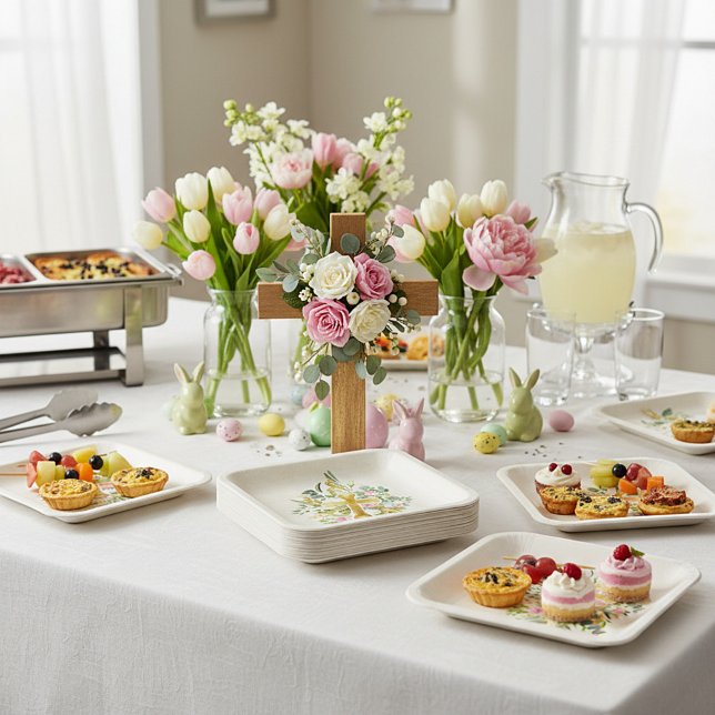 Goldkreuz und rosa Rosen - Gewohnter Ostern Pappteller (Von Creator hochgeladen)