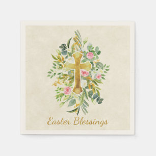 Goldkreuz und rosa Rosen - Gewohnter Ostern Serviette