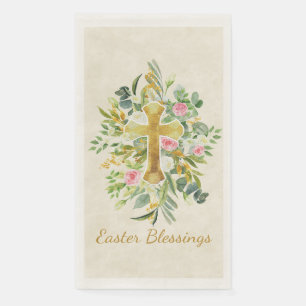 Goldkreuz und rosa Rosen - Gewohnter Ostern Serviette