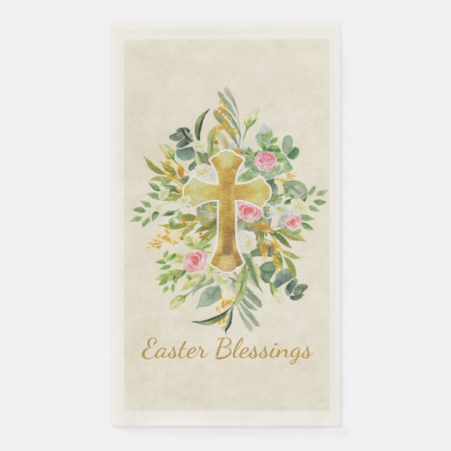 Goldkreuz und rosa Rosen - Gewohnter Ostern Serviette (Vorderseite)