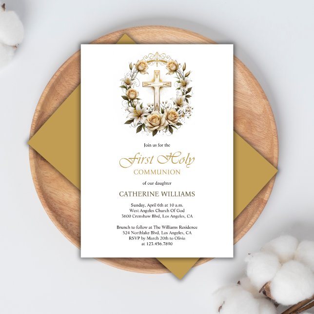 Goldkreuz und Weiße Rosen Erste Heilige Kommune Einladung (Gold Cross and White Roses First Holy Communion Invitation)