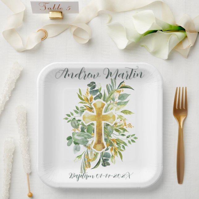 Goldkreuz Wasserfarben Taufe 1. Kommune Pappteller (Hochzeit)