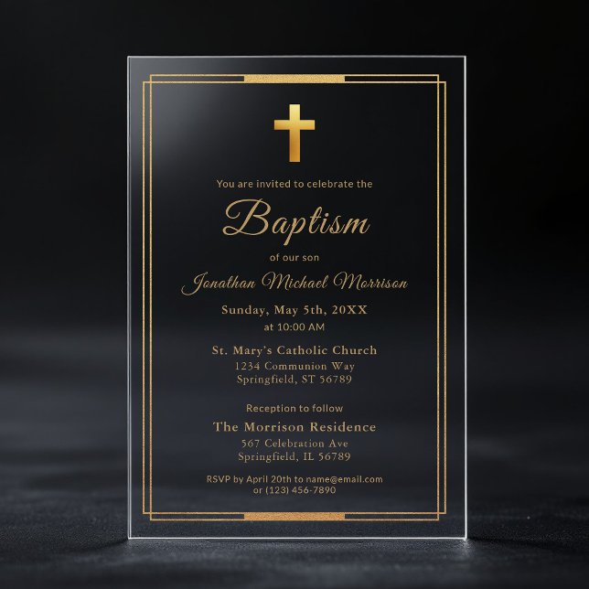Goldkreuzschrift Typografie Chic Elegante Taufe Acryleinladungen (Von Creator hochgeladen)