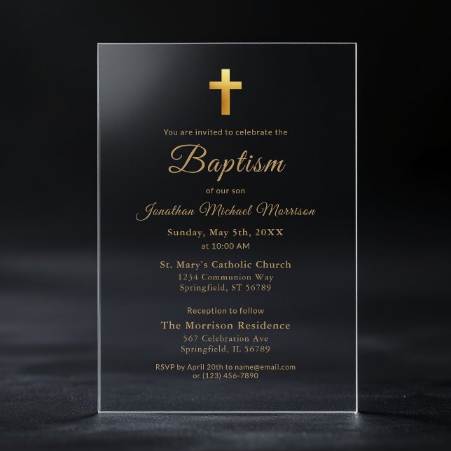 Goldkreuzschrift Typografie Chic Elegante Taufe Acryleinladungen (Von Creator hochgeladen)