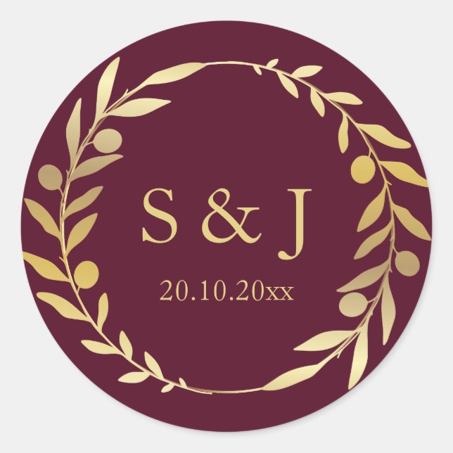 Goldkrone Dunkle Burgund Monogram erste Hochzeit Runder Aufkleber (Vorderseite)