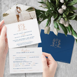 Goldkronen-Monogramm-Foto Hochzeitsdunkelblau-Rose All In One Einladung