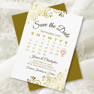Goldkühlen auf dem weißen eleganten Hochzeitskalen Save The Date