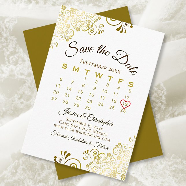Goldkühlen auf dem weißen eleganten Hochzeitskalen Save The Date (Von Creator hochgeladen)