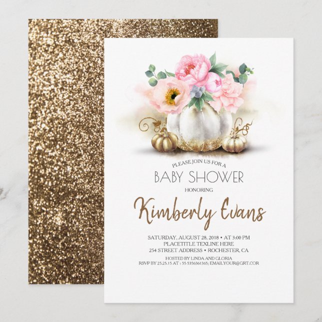 Goldkürbis Blush Pink Floral Fall Babydusche Einladung (Vorne/Hinten)