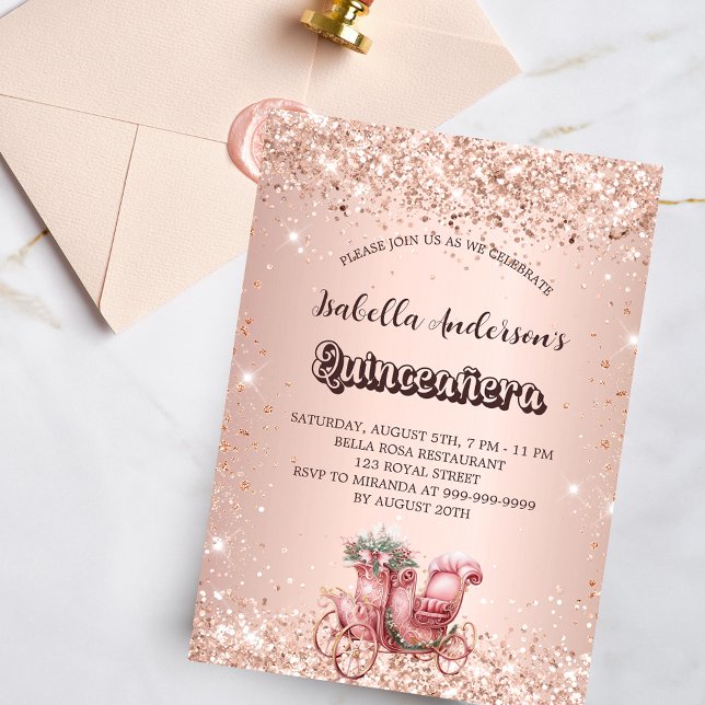 Goldkutsche der Quinceanera-Rose Einladungspostkarte (Von Creator hochgeladen)
