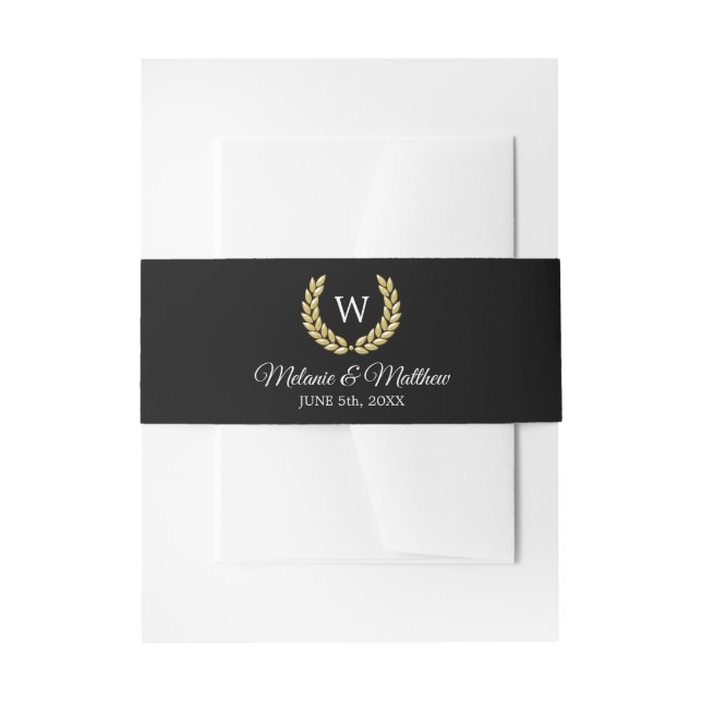 Goldlaurel Schwarz-weiß Monogram Wedding Einladungsbanderole (Vorderseite Beispiel)