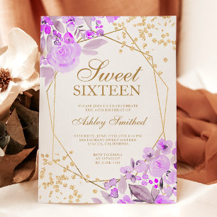 Goldlavender florale Aquarell Sweet 16 Einladung