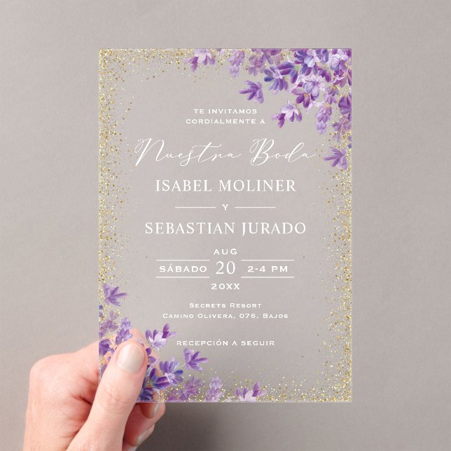 Goldlavender Nuestra Boda Spanish Wedding Acryleinladungen (Insitu (Handheld))