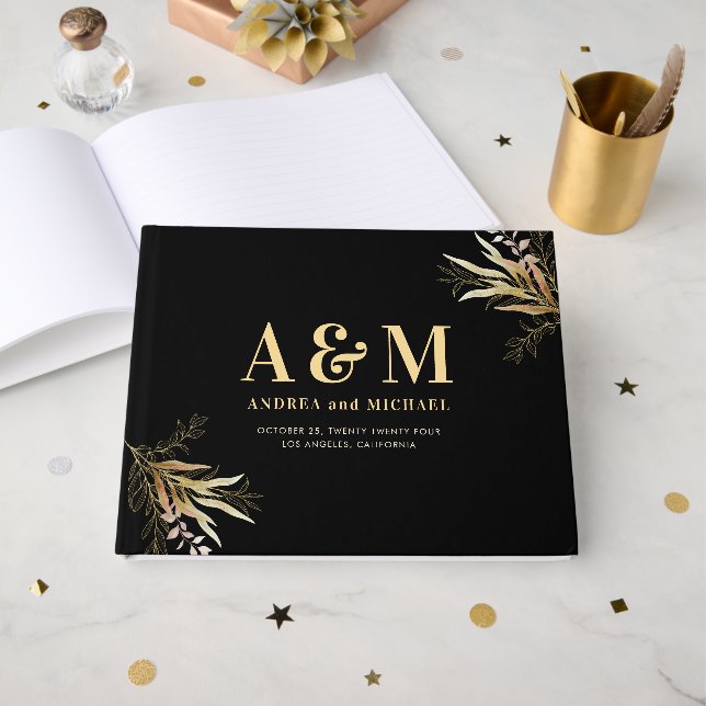 Goldleaf Greenery Black Monogram Elegant Wedding Gästebuch (Vorderseite Offen)
