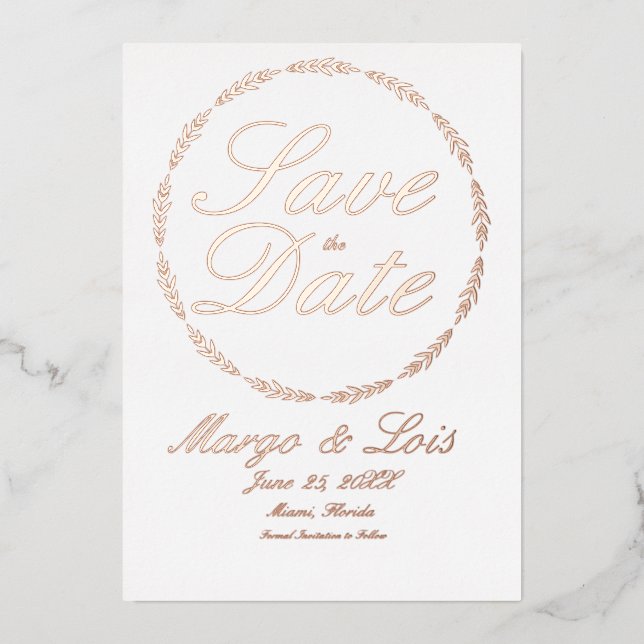 Goldleaf-Kranz Save the Date gepresst Folieneinladung (Vorderseite)