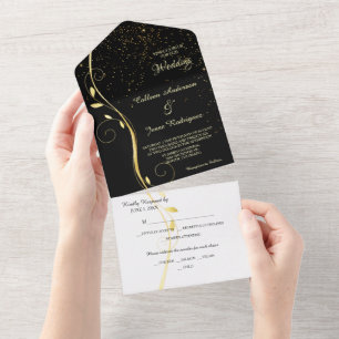 Goldleaf Swirl Schwarze Fotovorlage Hochzeit All In One Einladung