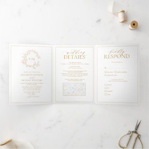 Goldleafy-Wappen-Monogram-Hochzeit Dreifach Gefaltete Einladung