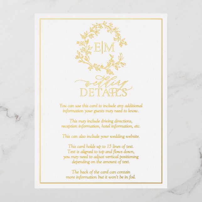 Goldleafy Wappen Monogram Wedding Details Card Folie Einladungspostkarte (Vorderseite)