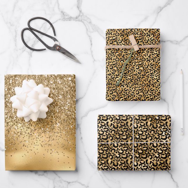 Goldleopard-Glitzer Glam Geschenkpapier Set (Vorderseite)
