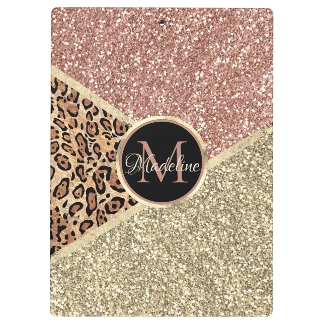 Goldleopard-Monogramm der gestrichenen Rose Gold G Klemmbrett (Rückseite)