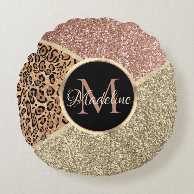 Goldleopard-Monogramm der gestrichenen Rose Gold G Rundes Kissen (Vorderseite)