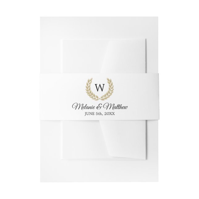 Goldlorbeer-Schwarz-weiße Monogramm-Hochzeit Einladungsbanderole (Vorderseite Beispiel)