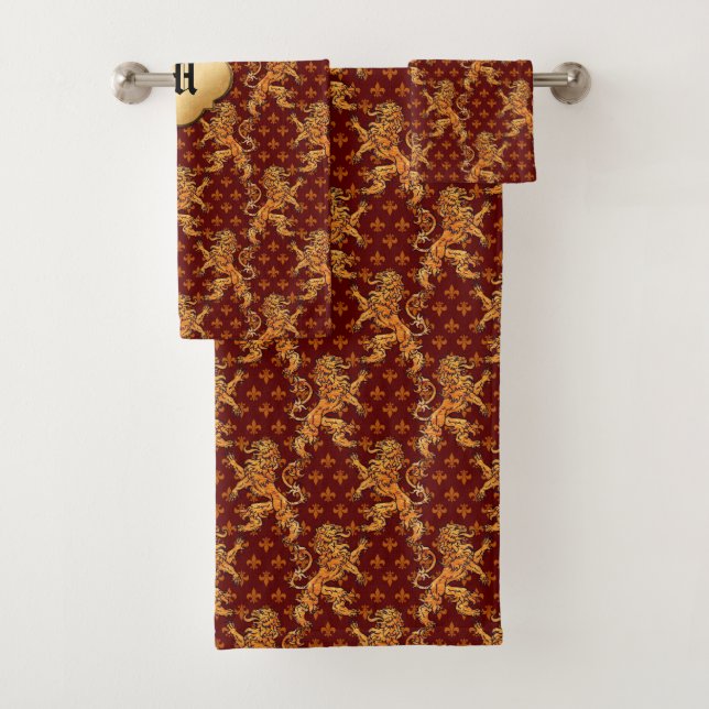 Goldlöwen Fleurs auf tiefrotem Badhandtuch Set (Insitu)
