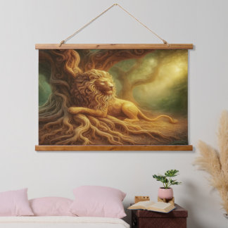 Goldlöwentapisserie Wandteppich Mit Holzrahmen