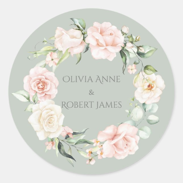 Goldmagen Grün rosa Blush Bloral Namen Wedding Cl Runder Aufkleber (Vorderseite)