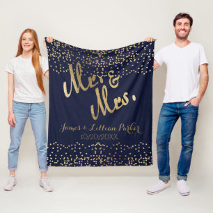 Goldmarine-Blau-Herr und Frau Monogram Wedding Fleecedecke