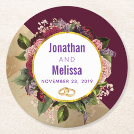 Goldmarmor Muster und Burgund Florals Hochzeit Runder Pappuntersetzer