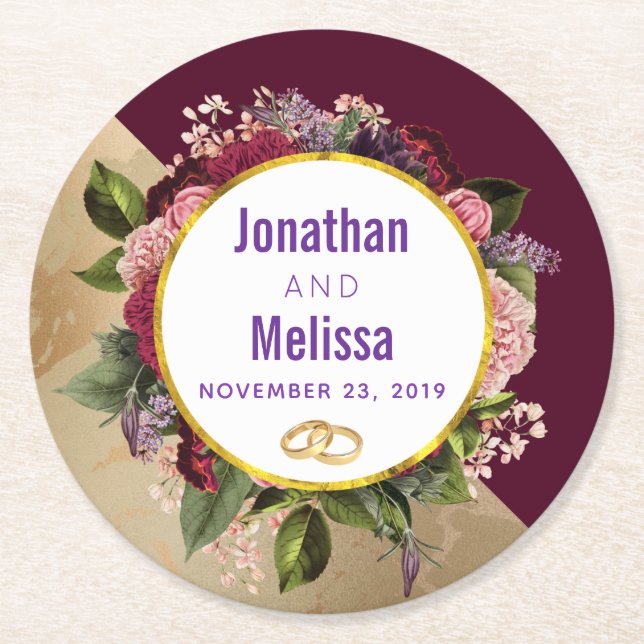 Goldmarmor Muster und Burgund Florals Hochzeit Runder Pappuntersetzer (Vorderseite)