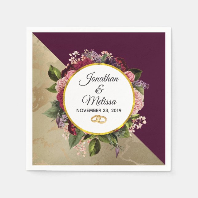 Goldmarmor Muster und Burgund Florals Hochzeit Serviette (Vorderseite)