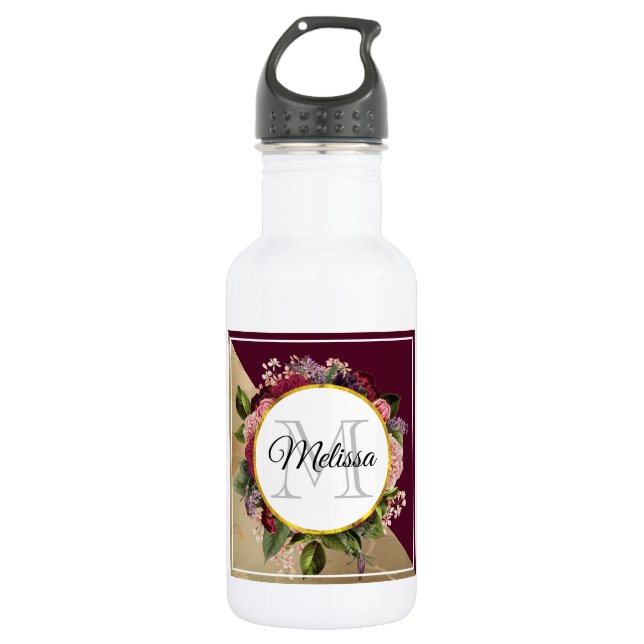 Goldmarmor Muster und Burgund Florals Monogramm Edelstahlflasche (Vorderseite)